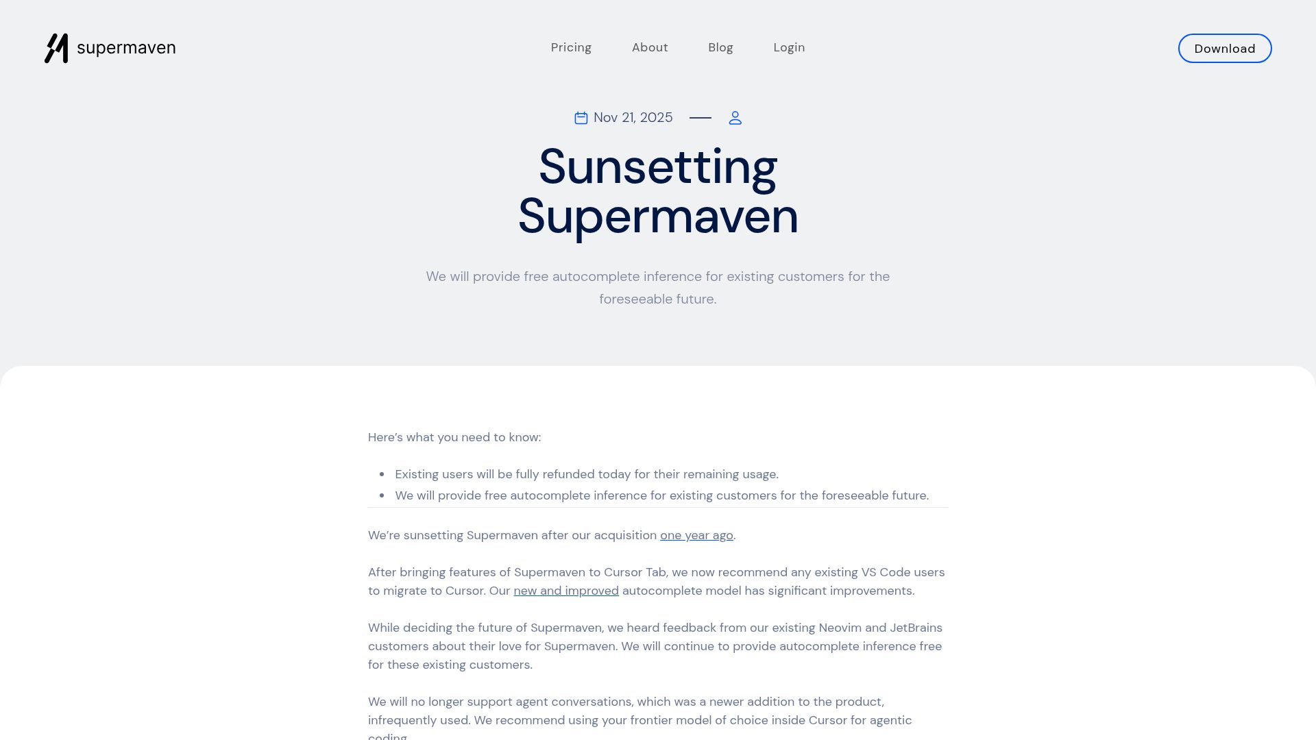 Screenshot of supermaven.com: Sunsetting Supermaven