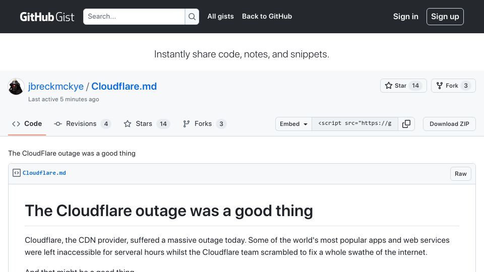 Screenshot of gist.github.com: The Cloudflare outage might be a good thing
