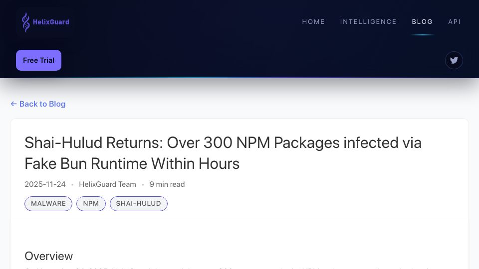 Screenshot of helixguard.ai: Shai-Hulud Returns: Over 300 NPM Packages Infected