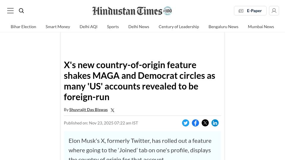 Screenshot of hindustantimes.com: X's new country-of-origin feature reveals many 'US' accounts to be foreign-run