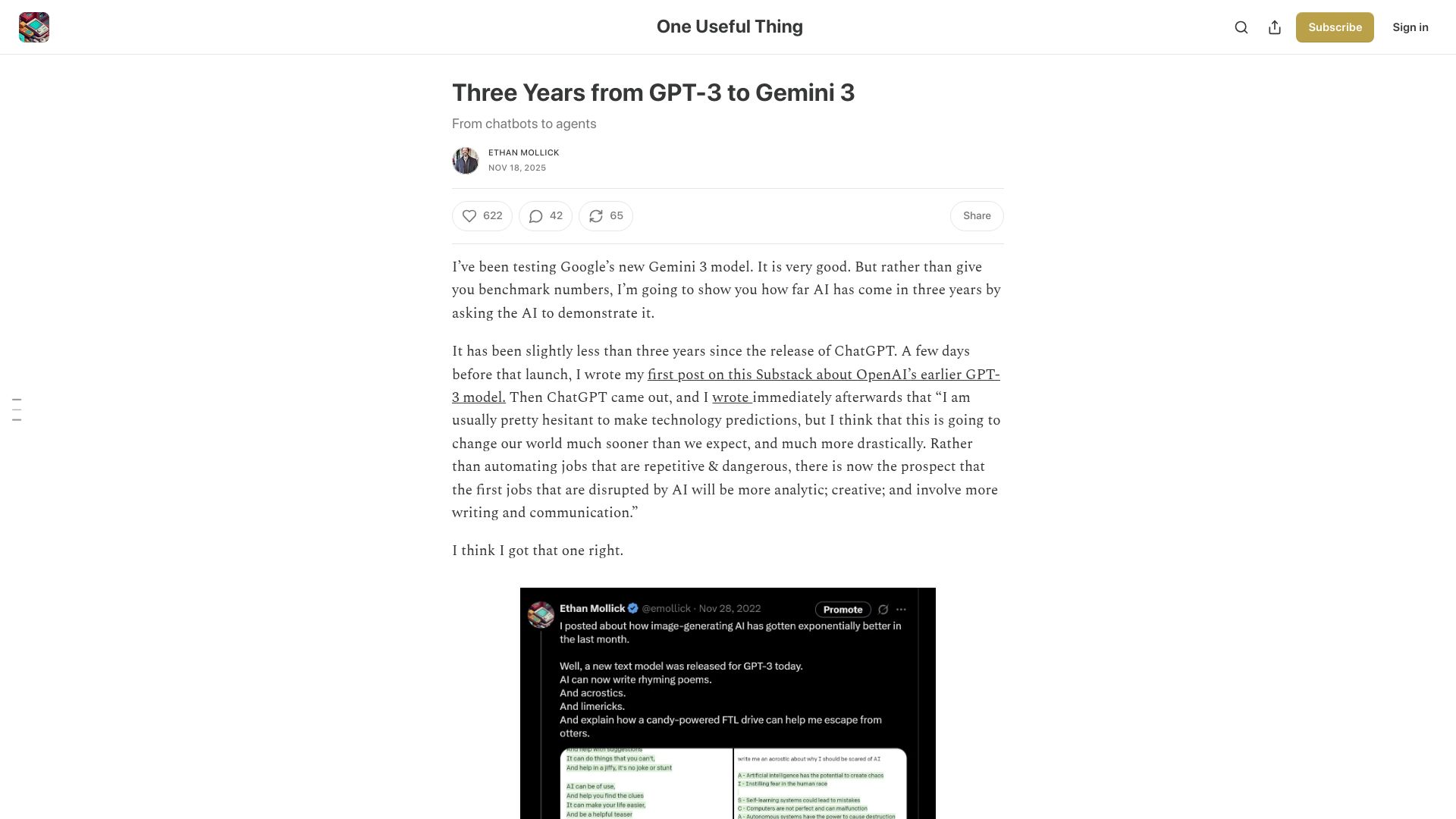 Screenshot of oneusefulthing.org: Three Years from GPT-3 to Gemini 3