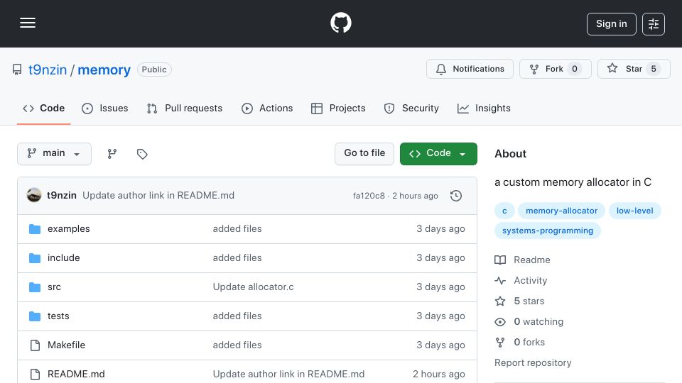 Screenshot of github.com: Show HN: I wrote a minimal memory allocator in C