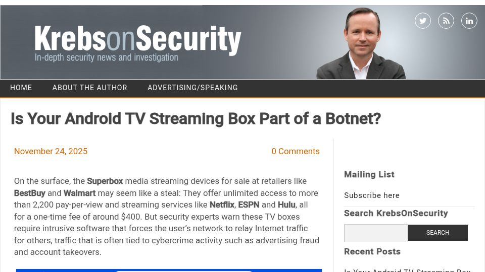 Screenshot of krebsonsecurity.com: Is your Android TV streaming box part of a botnet?