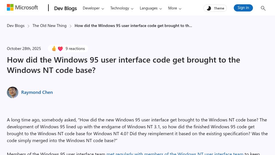 Screenshot of devblogs.microsoft.com: How did the Win 95 user interface code get brought to the Windows NT code base?