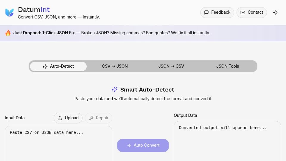 Screenshot of datamorphio.vercel.app: Show HN: Datamorph – A clean JSON ⇄ CSV converter with auto-detect