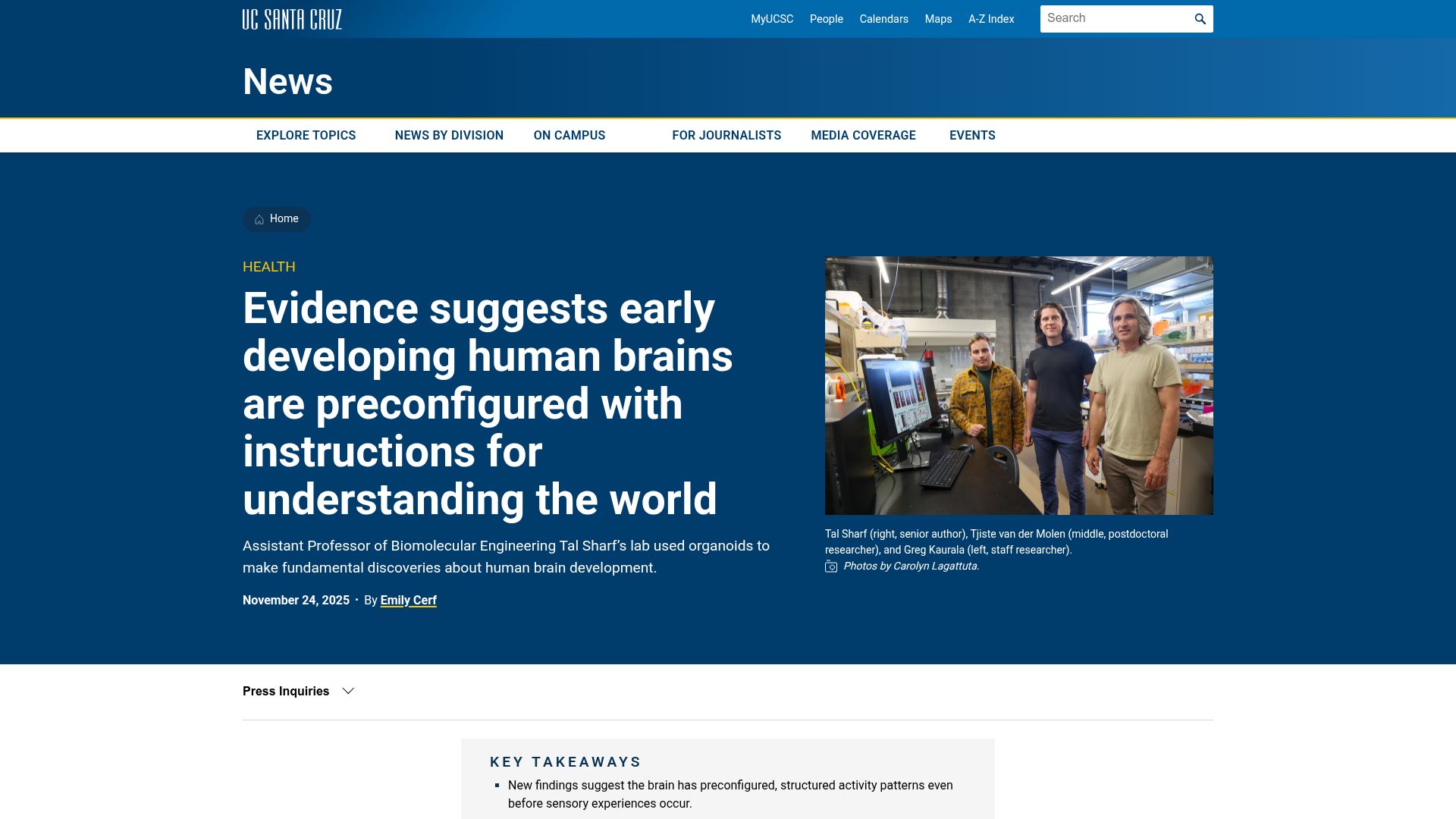 Screenshot of news.ucsc.edu: Human brains are preconfigured with instructions for understanding the world