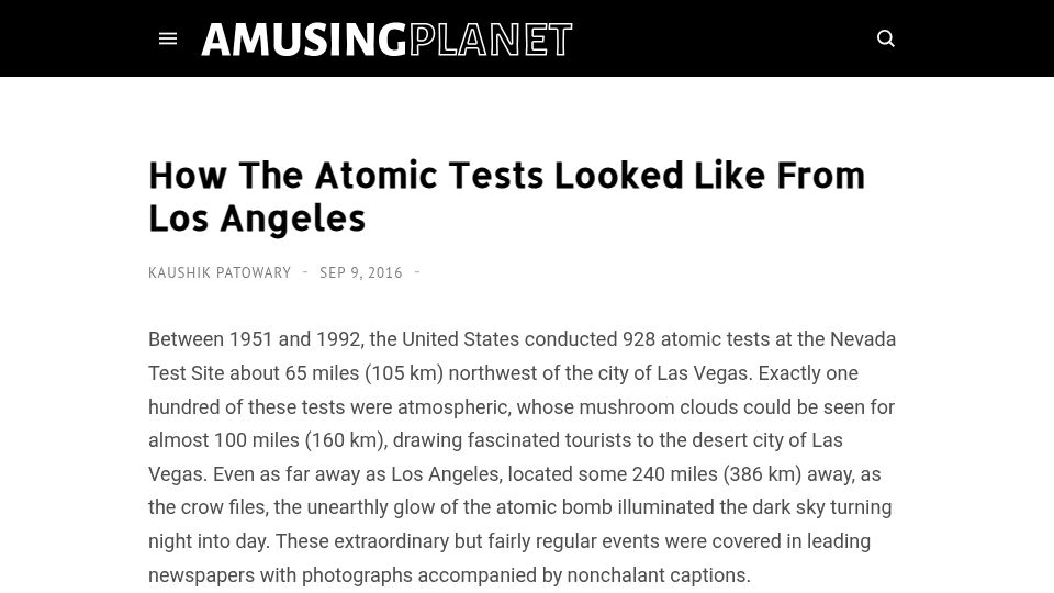 Screenshot of amusingplanet.com: How the Atomic Tests Looked Like from Los Angeles