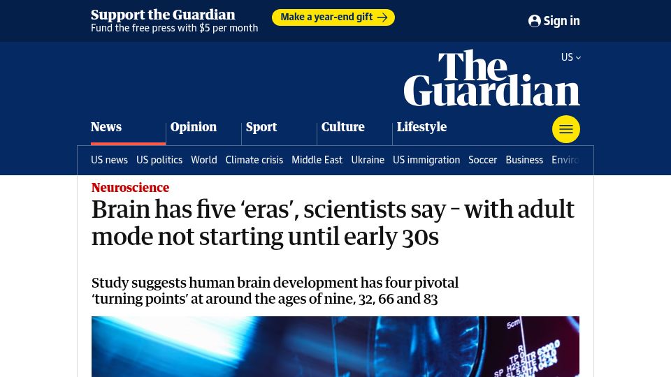 Screenshot of theguardian.com: Brain has five 'eras' with adult mode not starting until early 30s