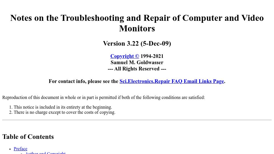 Screenshot of repairfaq.org: Notes on the Troubleshooting and Repair of Computer and Video Monitors