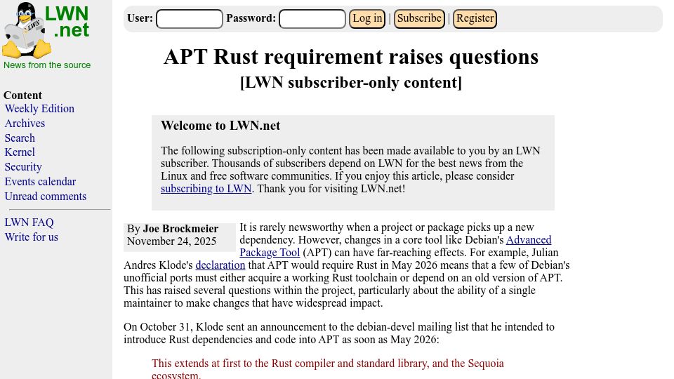 Screenshot of lwn.net: APT Rust requirement raises questions