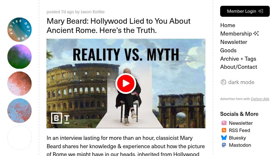 Screenshot of openculture.com: Hollywood's vision of ancient Rome is all wrong, according to Mary Beard