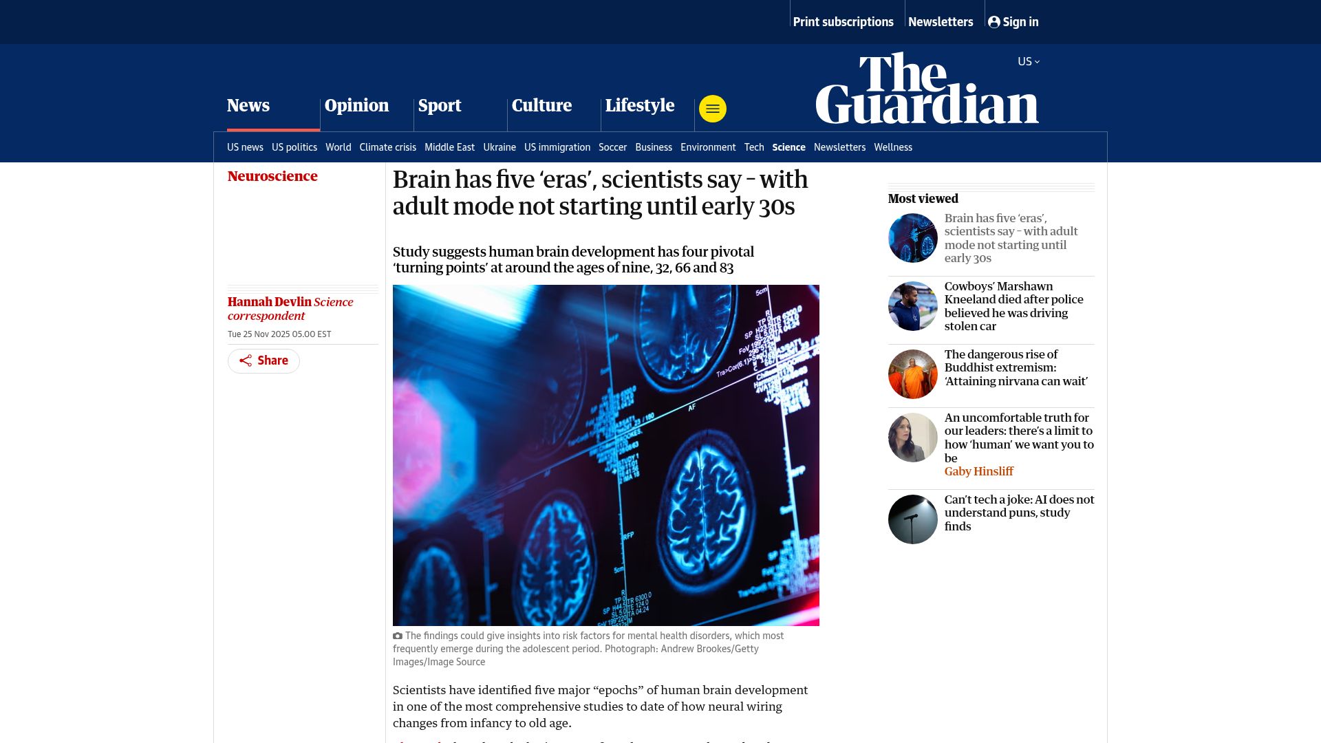 Screenshot of theguardian.com: Brain has five 'eras' with adult mode not starting until early 30s