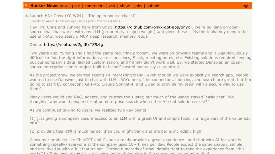 Screenshot of Hacker News post: Launch HN: Onyx (YC W24) – Open-source chat UI