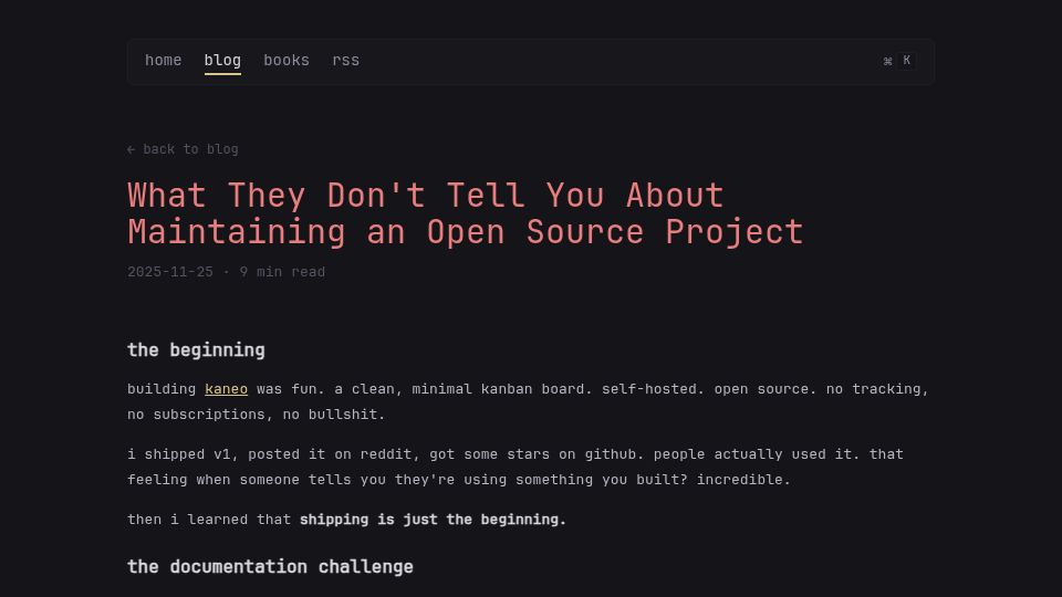 Screenshot of andrej.sh: What they don't tell you about maintaining an open source project