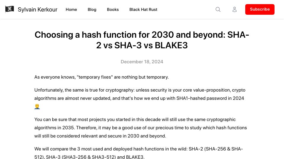 Screenshot of kerkour.com: Choosing a hash function for 2030 and beyond: SHA-2 vs. SHA-3 vs. BLAKE3
