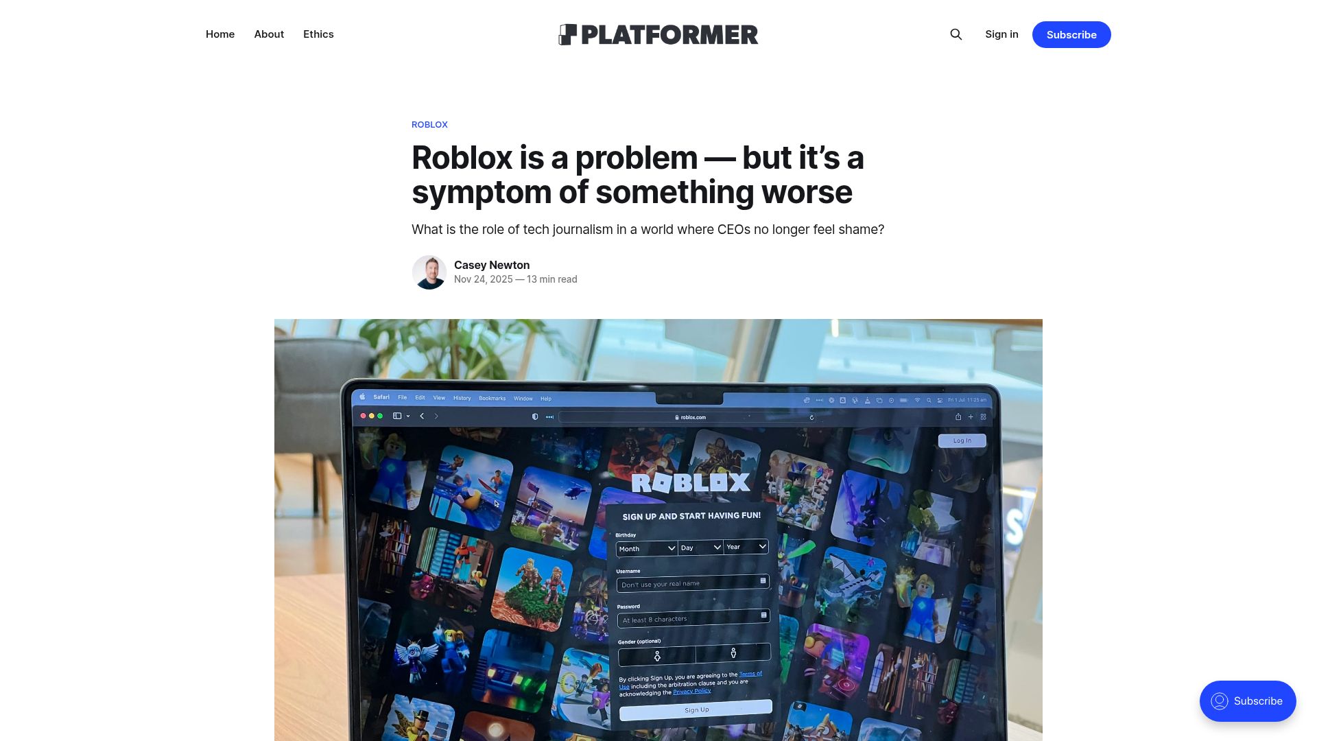 Screenshot of platformer.news: Roblox is a problem but it's a symptom of something worse