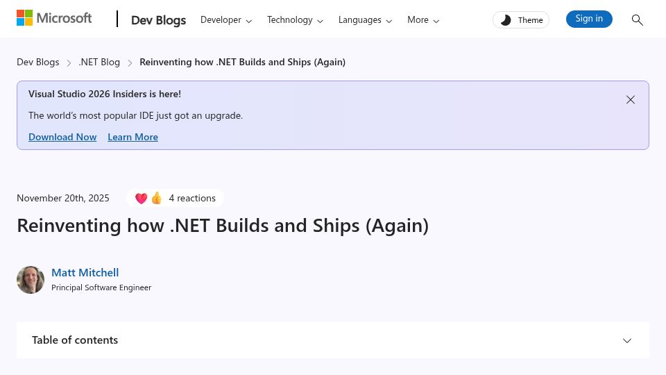 Screenshot of devblogs.microsoft.com: Reinventing how .NET builds and ships (again)