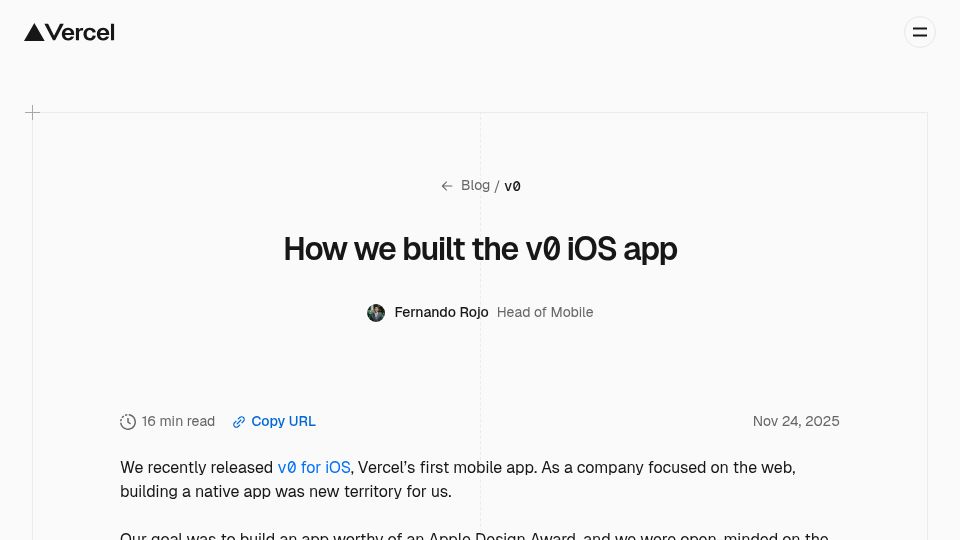 Screenshot of vercel.com: How we built the v0 iOS app
