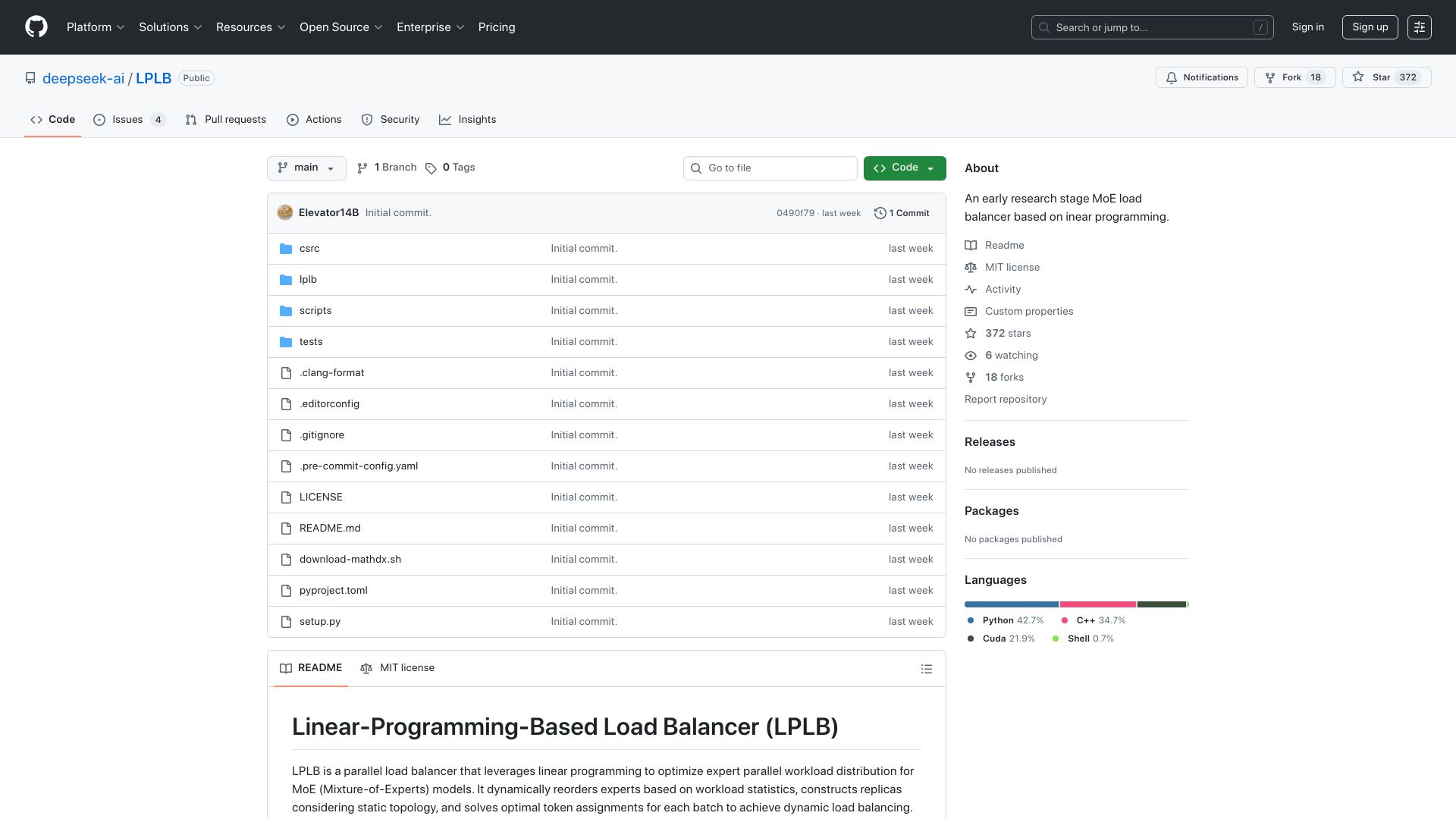 Screenshot of github.com: LPLB: An early research stage MoE load balancer based on linear programming