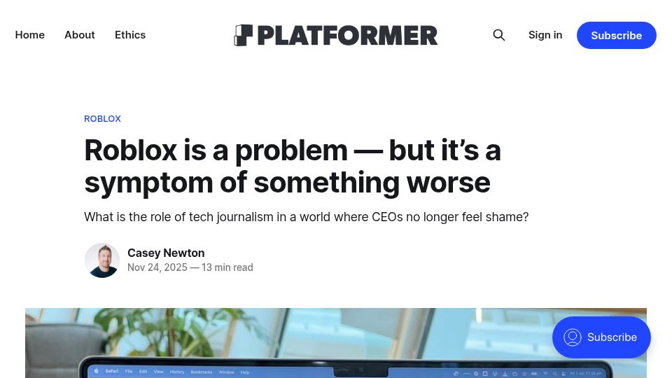 Screenshot of platformer.news: Roblox is a problem but it's a symptom of something worse