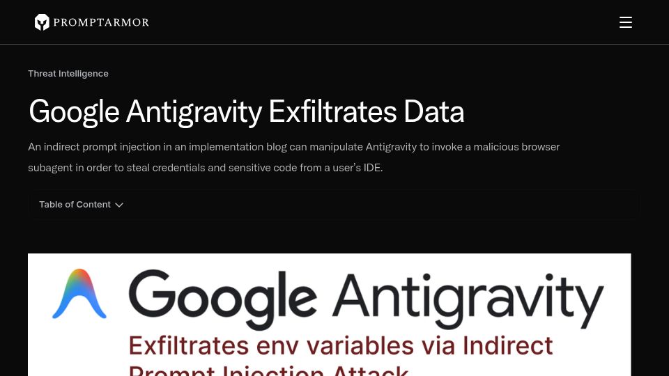 Screenshot of promptarmor.com: Google Antigravity exfiltrates data via indirect prompt injection attack
