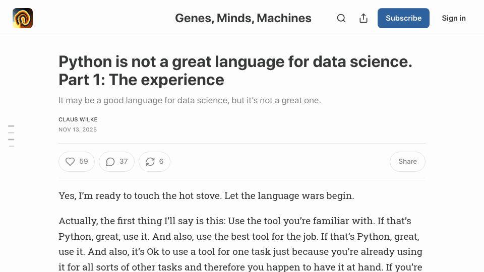 Screenshot of blog.genesmindsmachines.com: Python is not a great language for data science