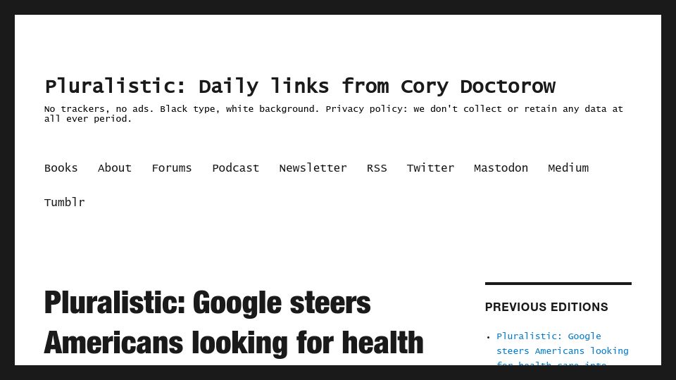 Screenshot of pluralistic.net: Google steers Americans looking for health care into "junk insurance"
