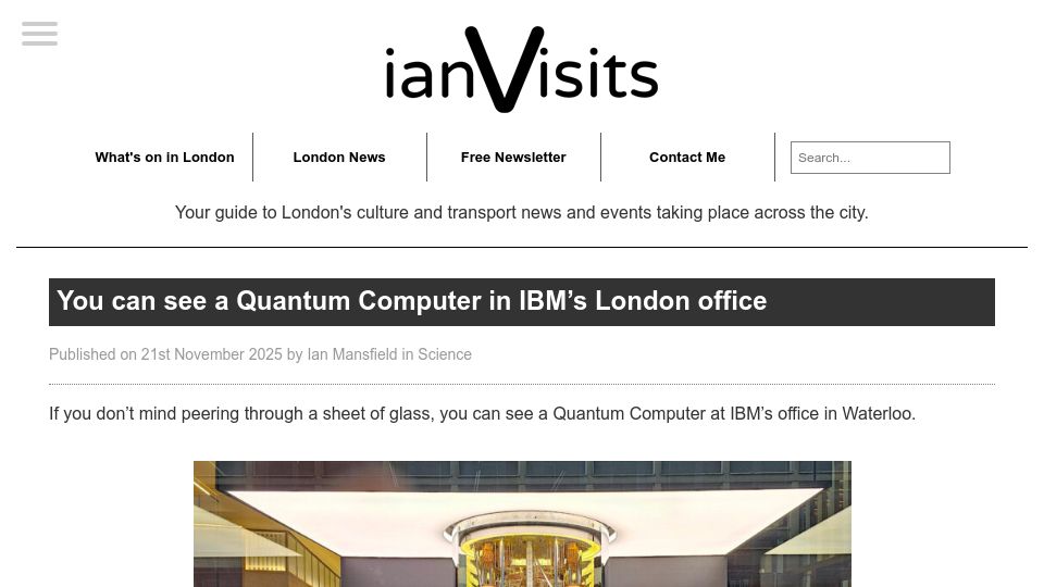 Screenshot of ianvisits.co.uk: You can see a working Quantum Computer in IBM's London office