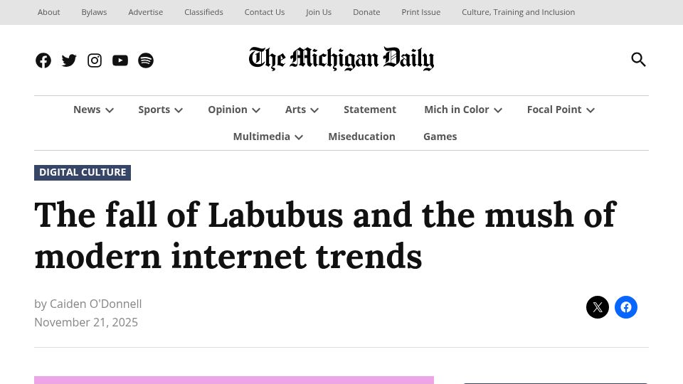 Screenshot of michigandaily.com: The fall of Labubus and the mush of modern internet trends