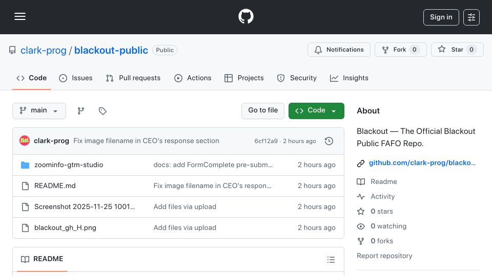 Screenshot of github.com: ZoomInfo CEO blocks researcher after documenting pre-consent biometric tracking