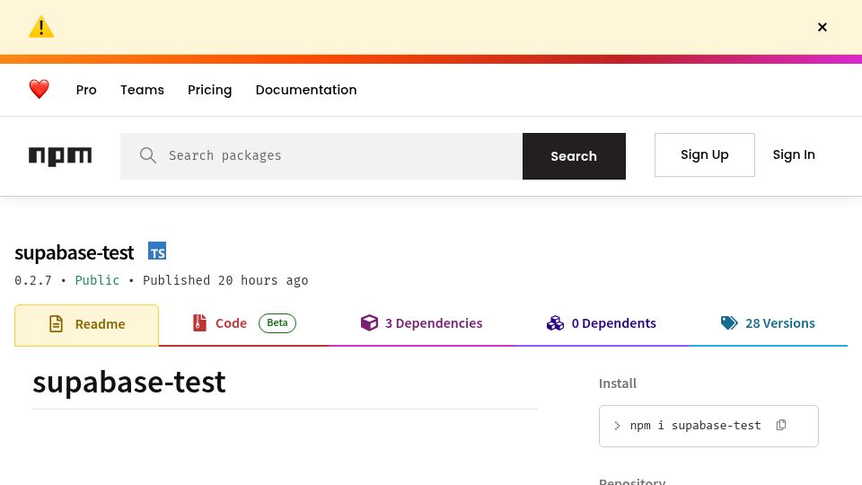 Screenshot of npmjs.com: Show HN: Supabase-Test – Fast Isolated Postgres DBs for Testing Supabase RLS