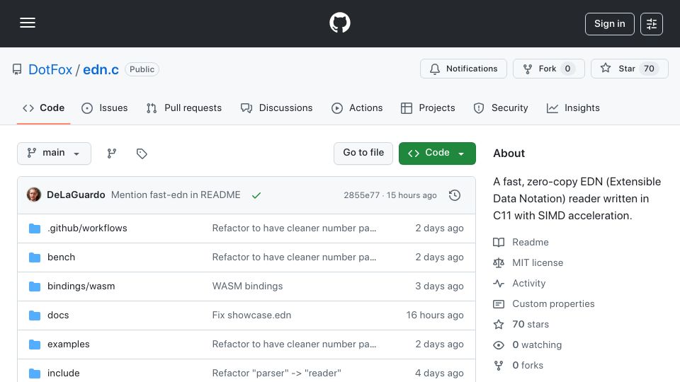 Screenshot of github.com: A fast EDN (Extensible Data Notation) reader written in C11 with SIMD boost