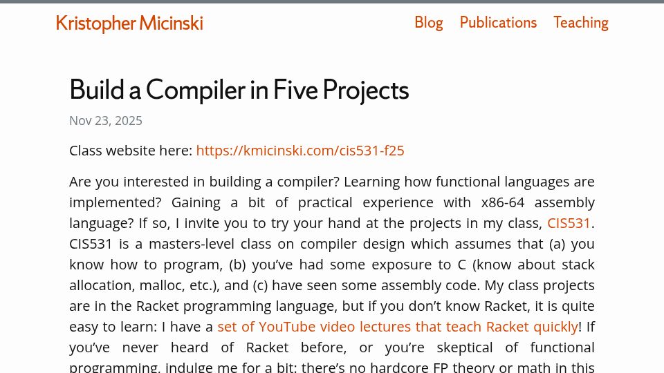 Screenshot of kmicinski.com: Build a Compiler in Five Projects