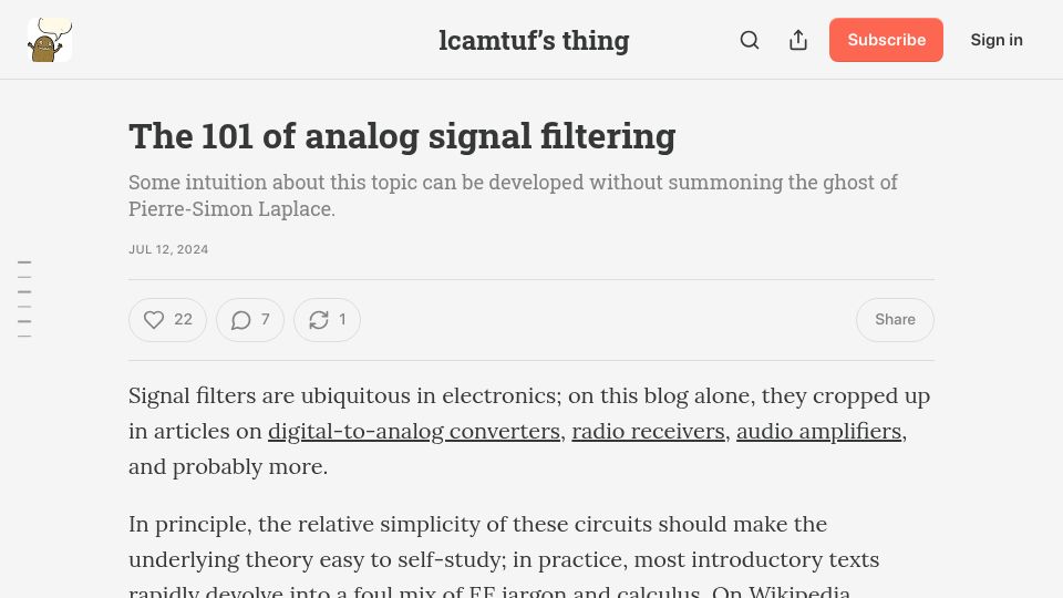 Screenshot of lcamtuf.substack.com: The 101 of analog signal filtering (2024)