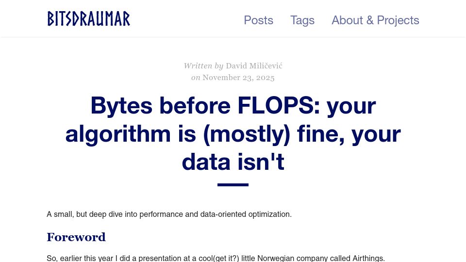 Screenshot of bitsdraumar.is: Bytes before FLOPS: your algorithm is (mostly) fine, your data isn't