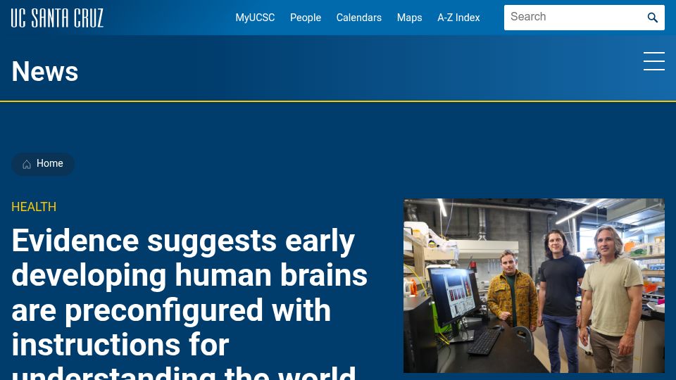 Screenshot of news.ucsc.edu: Human brains are preconfigured with instructions for understanding the world