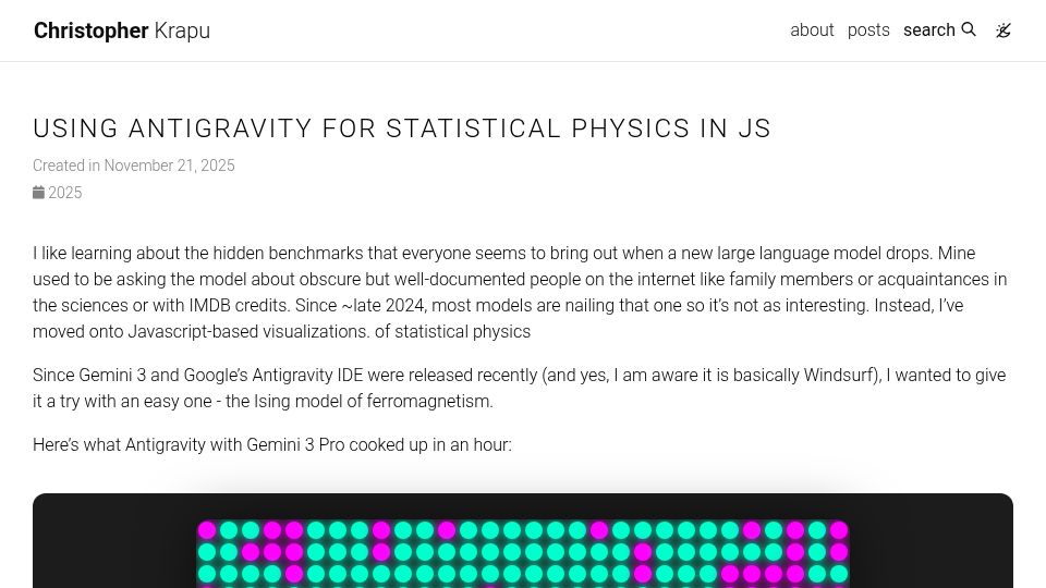 Screenshot of christopherkrapu.com: Using Antigravity for Statistical Physics in JavaScript