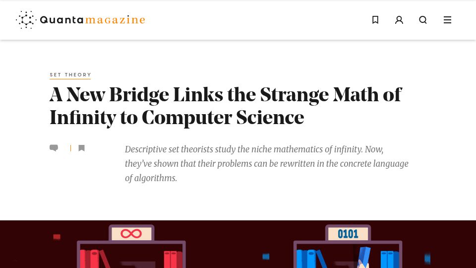 Screenshot of quantamagazine.org: A new bridge links the math of infinity to computer science