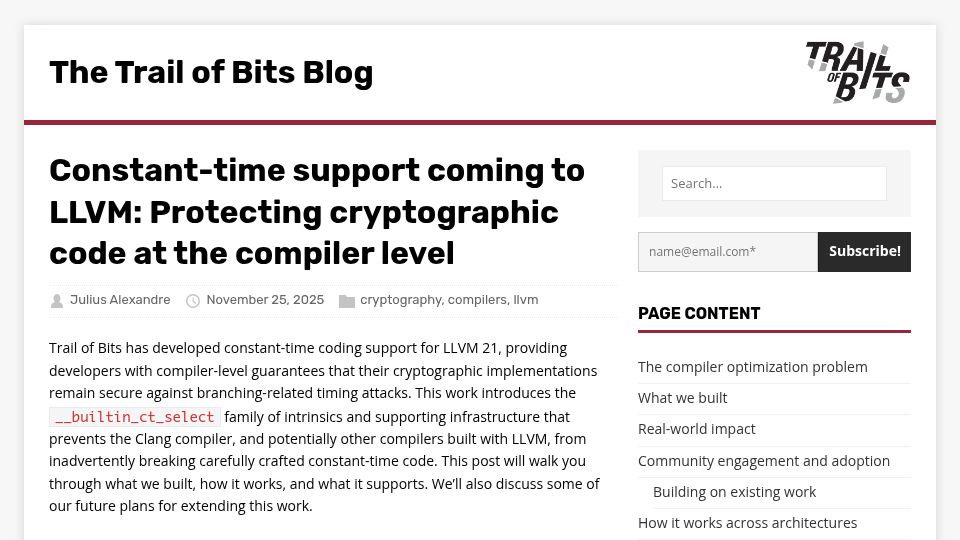 Screenshot of blog.trailofbits.com: Constant-time support coming to LLVM: Protecting cryptographic code