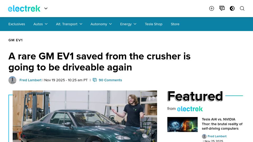 Screenshot of electrek.co: A rare GM EV1 saved from the crusher is going to be driveable again