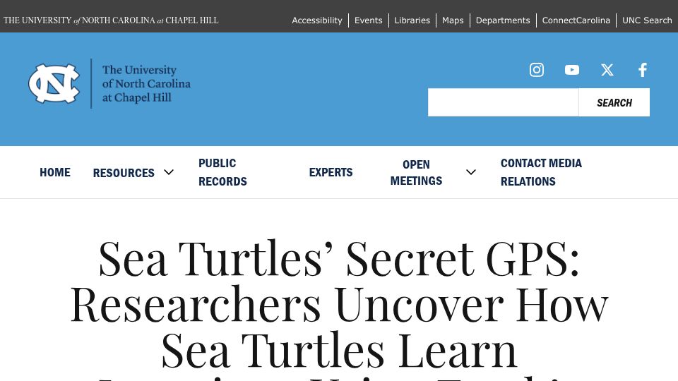 Screenshot of uncnews.unc.edu: How sea turtles learn locations using Earth’s magnetic field: research