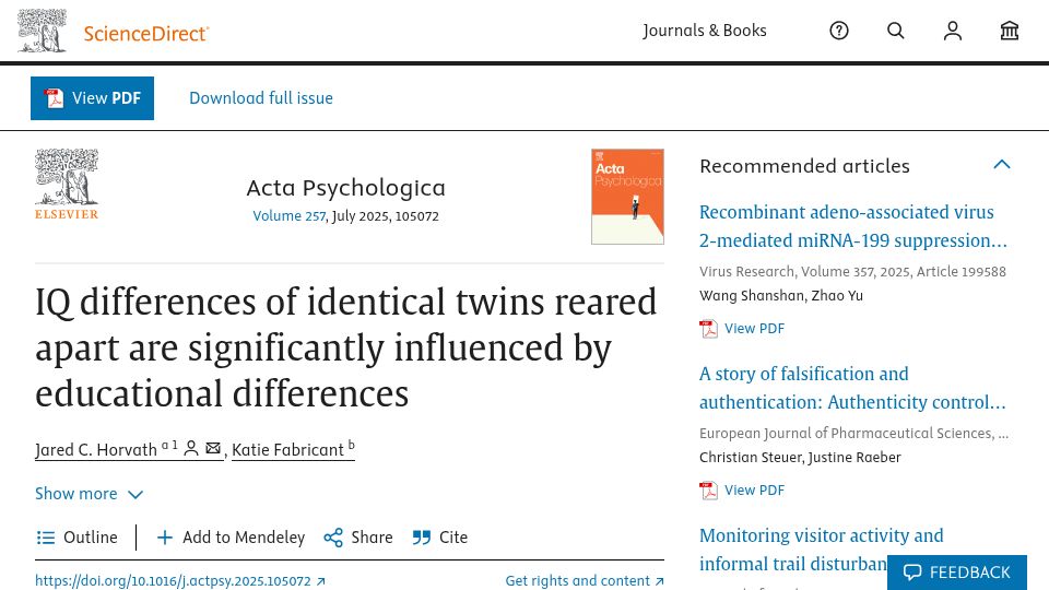 Screenshot of sciencedirect.com: IQ differences of identical twins reared apart are influenced by education