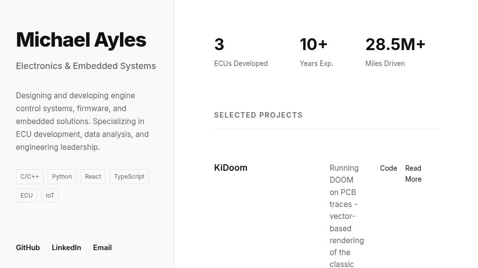 Screenshot of mikeayles.com: Show HN: KiDoom – Running DOOM on PCB Traces