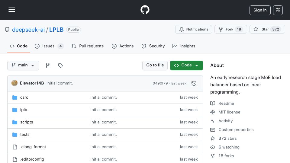 Screenshot of github.com: LPLB: An early research stage MoE load balancer based on linear programming