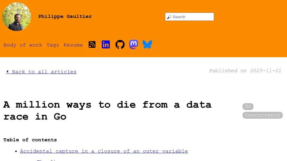 Screenshot of gaultier.github.io: A million ways to die from a data race in Go