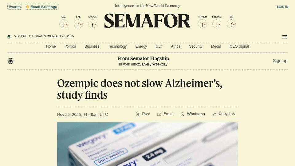 Screenshot of semafor.com: Ozempic does not slow Alzheimer's, study finds