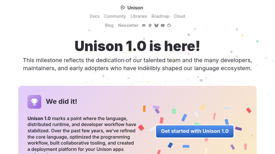 Screenshot of unison-lang.org: Unison 1.0