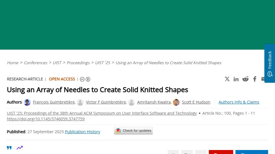 Screenshot of dl.acm.org: Using an Array of Needles to Create Solid Knitted Shapes