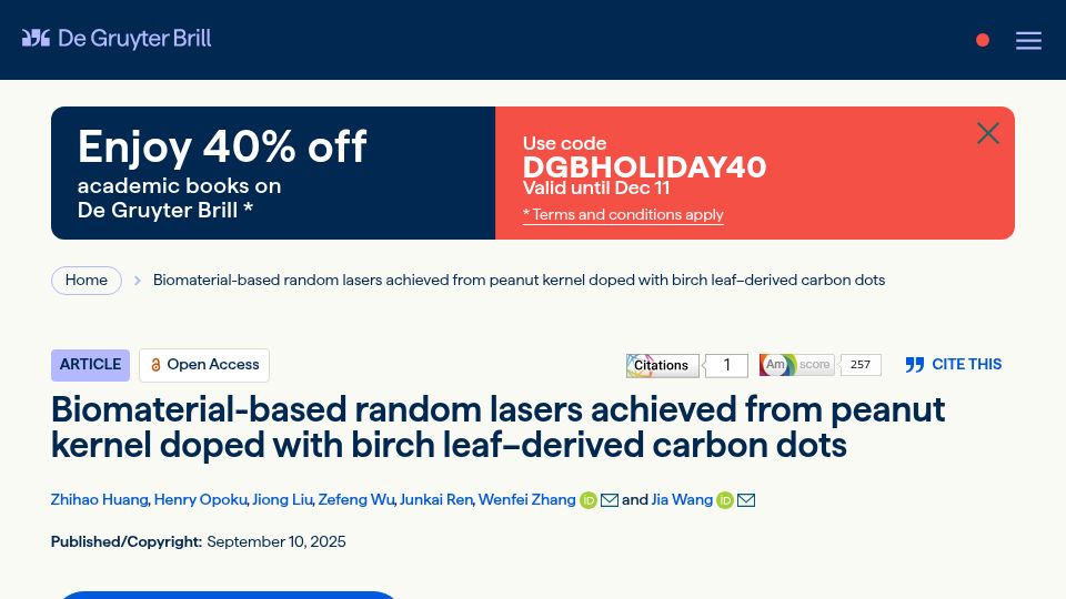 Screenshot of degruyterbrill.com: Random lasers from peanut kernel doped with birch leaf–derived carbon dots