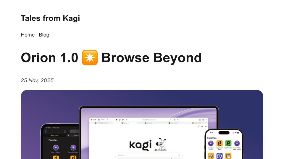 Screenshot of blog.kagi.com: Orion 1.0